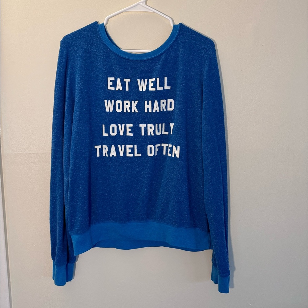 WILDFOX Eat Well Travel Often Cozy Blue Sweatshirt M